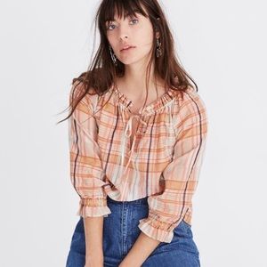 Madewell Silk Cotton Plaid Tie Neck Ruffle Sleeve/Neck size extra small